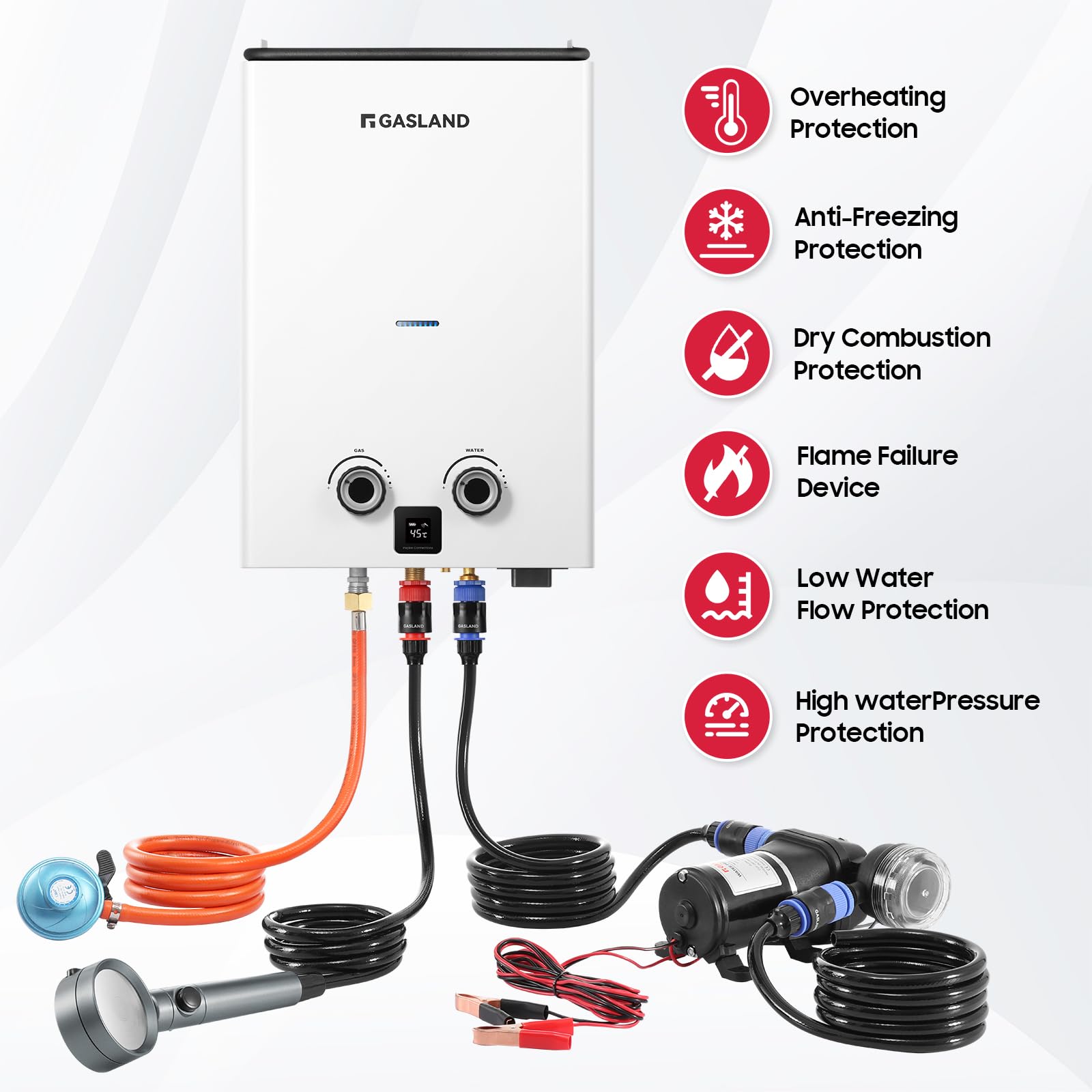GASLAND Go Shower Series G10 Pro Chauffe-eau à gaz 10 litres avec pompe à eau pour l'extérieur, butane (28-30 mbar)/propane (37 mbar), pour camping, camping-car, grange