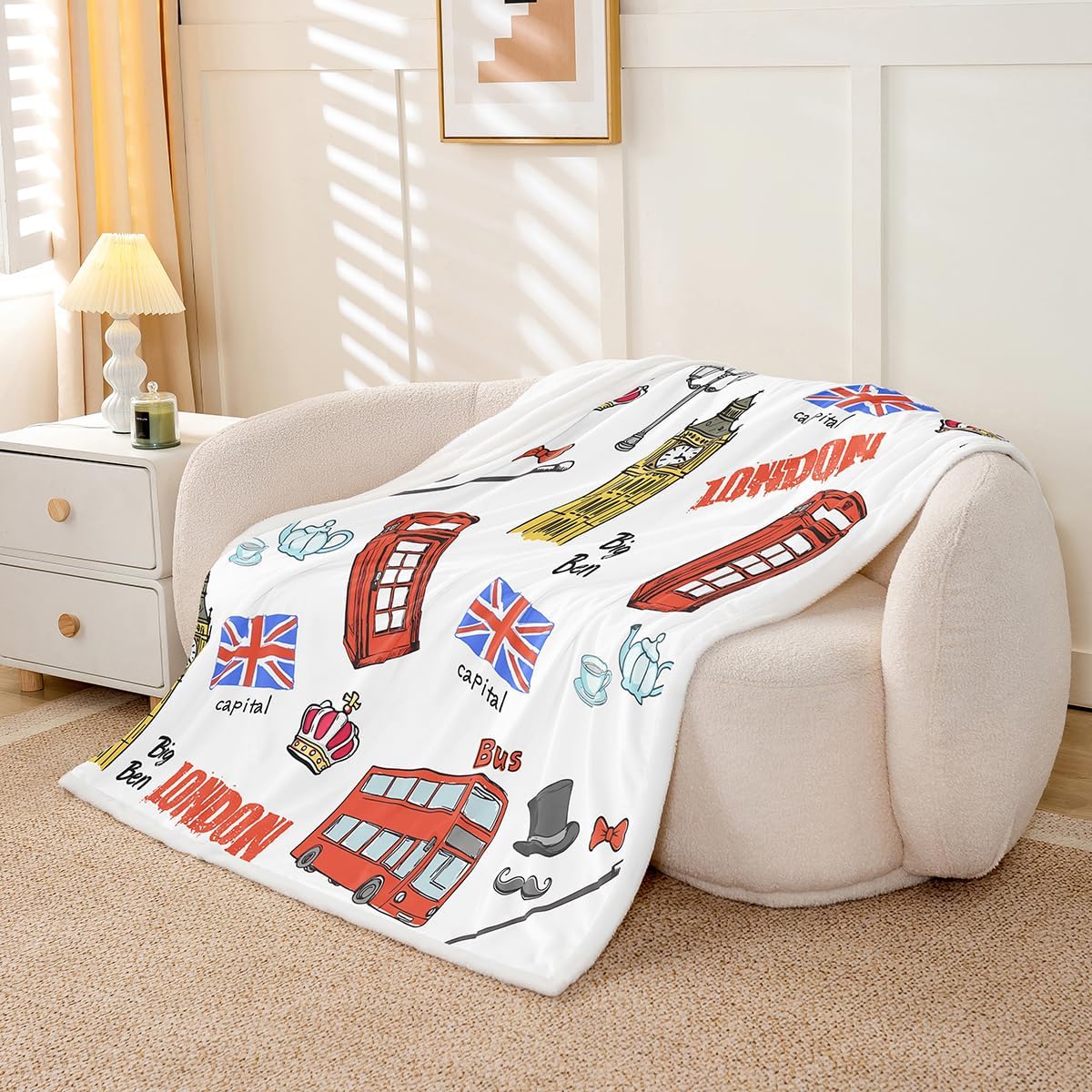 Feelyou Kids Big Ben Plush Blanket Cartoon Famous Telephone Booth Fleece Blanket for Sofa Couch Cute Retro UK Theme Sherpa Throw Blanket Ultra Soft London Decor Fuzzy Blanket Throw 50"x60"