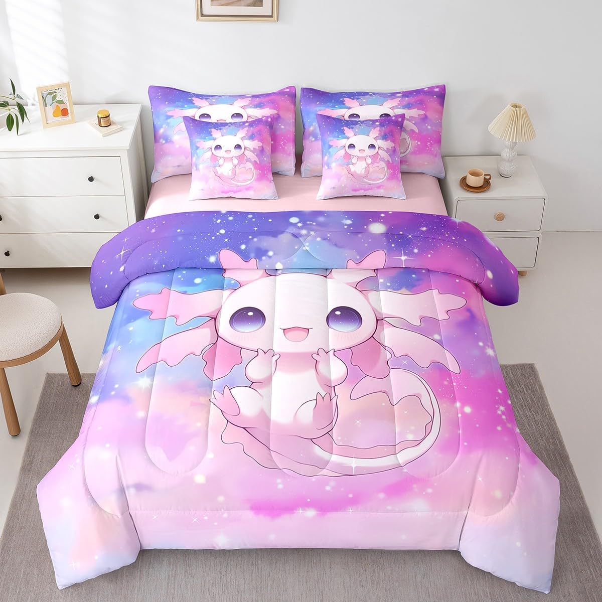 Erosebridal Pink Kawaii Axolotl Bed in A Bag Cute Axolotl Bedding Set Cartoon Salamander Animal Twin Comforter Set 7 Piece for Kids Girls Women,Rainbow Cloud Stars Wildlife Bed Set