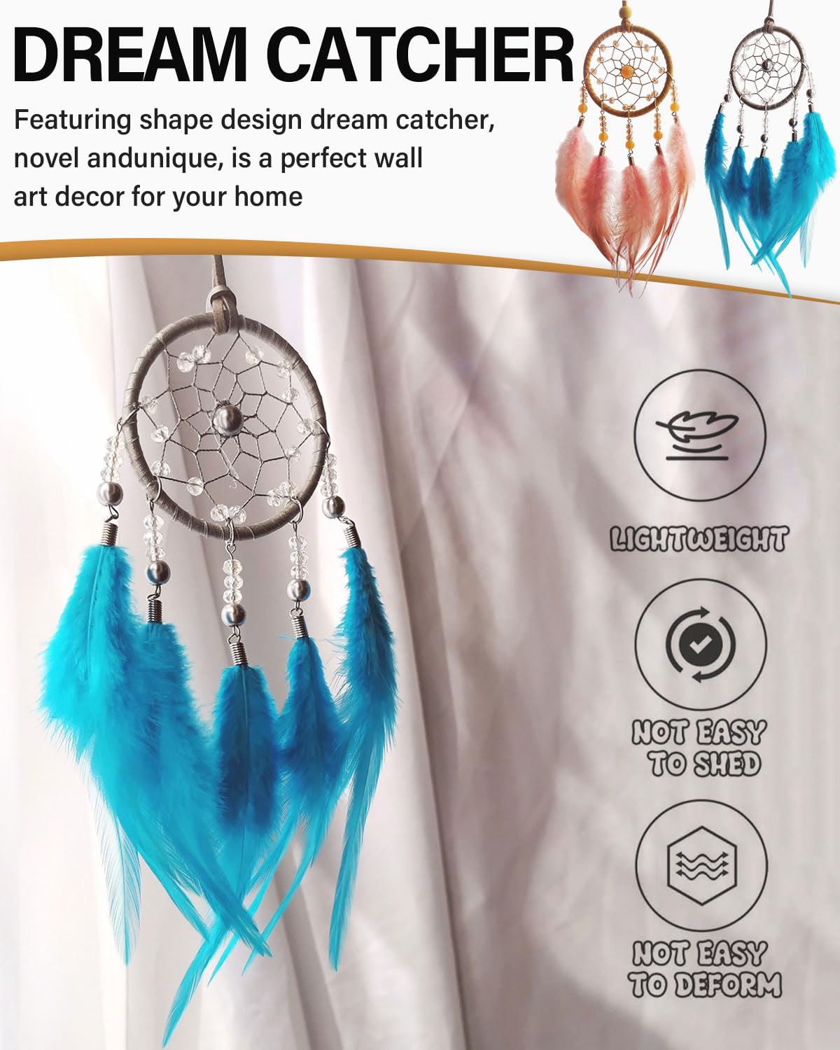2 pezzi di acchiappasogni, acchiappasogni di piume fatti a mano, per ragazze e bambini come regali, decorazioni per auto da camera da letto per bambini, artigianato (Blu + Arancione)