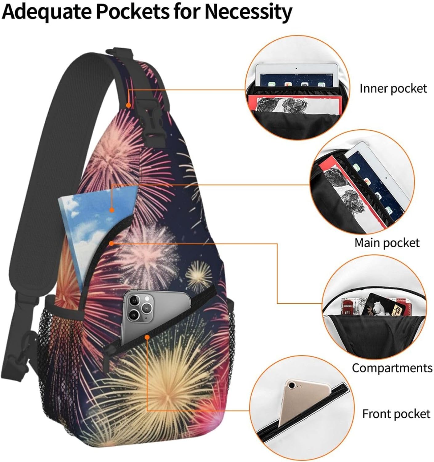 Durable Lightweight Beautiful Firework Print Cross chest bag diagonally for Travel Commute Daily Use