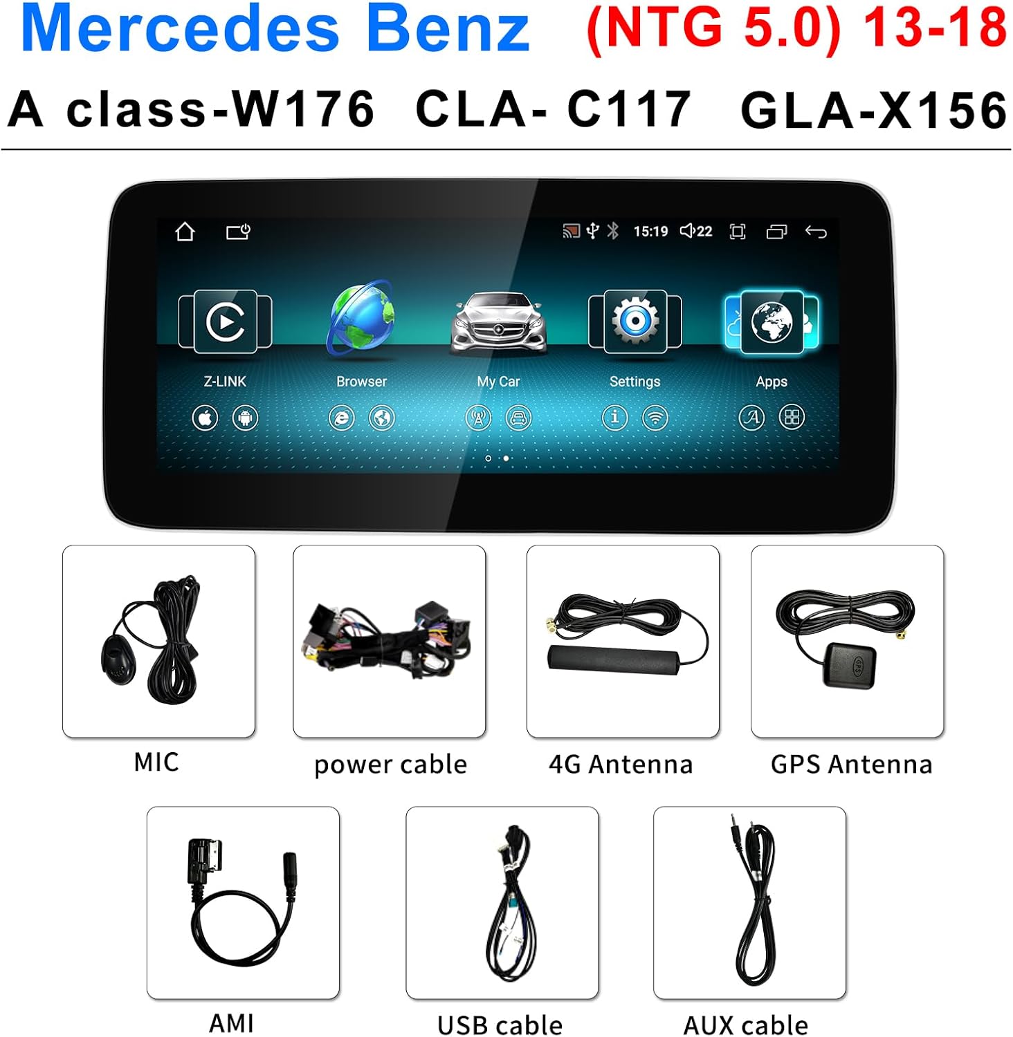 Image showing all components included in the package: MIC, power cable, 4G antenna, GPS antenna, AMI cable, USB cable, and AUX cable.