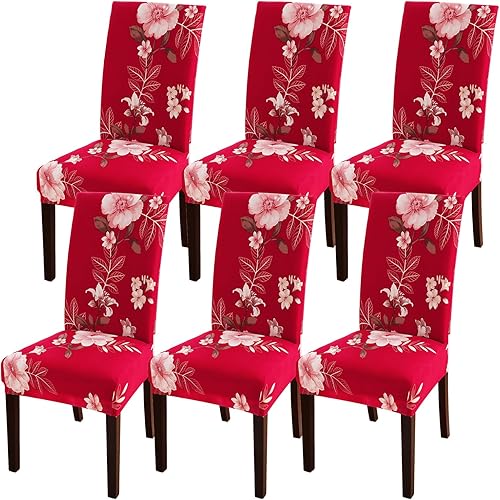 Miniatura 1 de Juego de 6 fundas para sillas de comedor, elásticas, de elastano suave, extraíbles, lavables, para comedor (años hermosos, rojo, juego de 6)