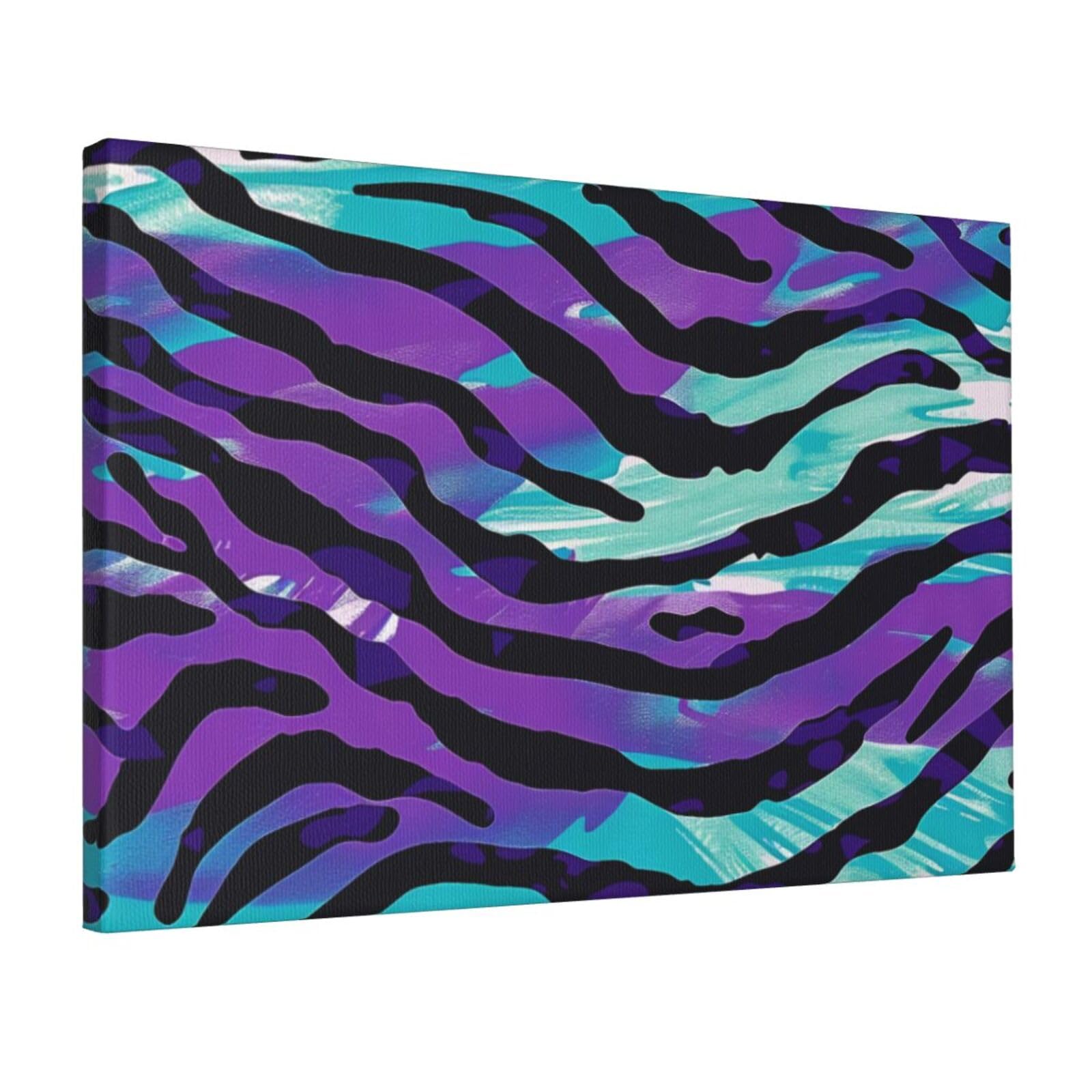 YKLJG Purple Blue Green Camouflage Zebra Stripe Printed Wall Art Canvas Prints 45x30 CM Wooden Framed Picture Painting Artwork for Bedroom Kitchen Home Office Decor