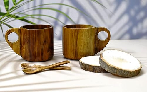 Miniatura 7 de Juego de 2 tazas de café de madera natural con posavasos y cuchara, 6.1 fl oz, tazas de té de madera, leche, jugo, soda, tazas de bebidas calientes