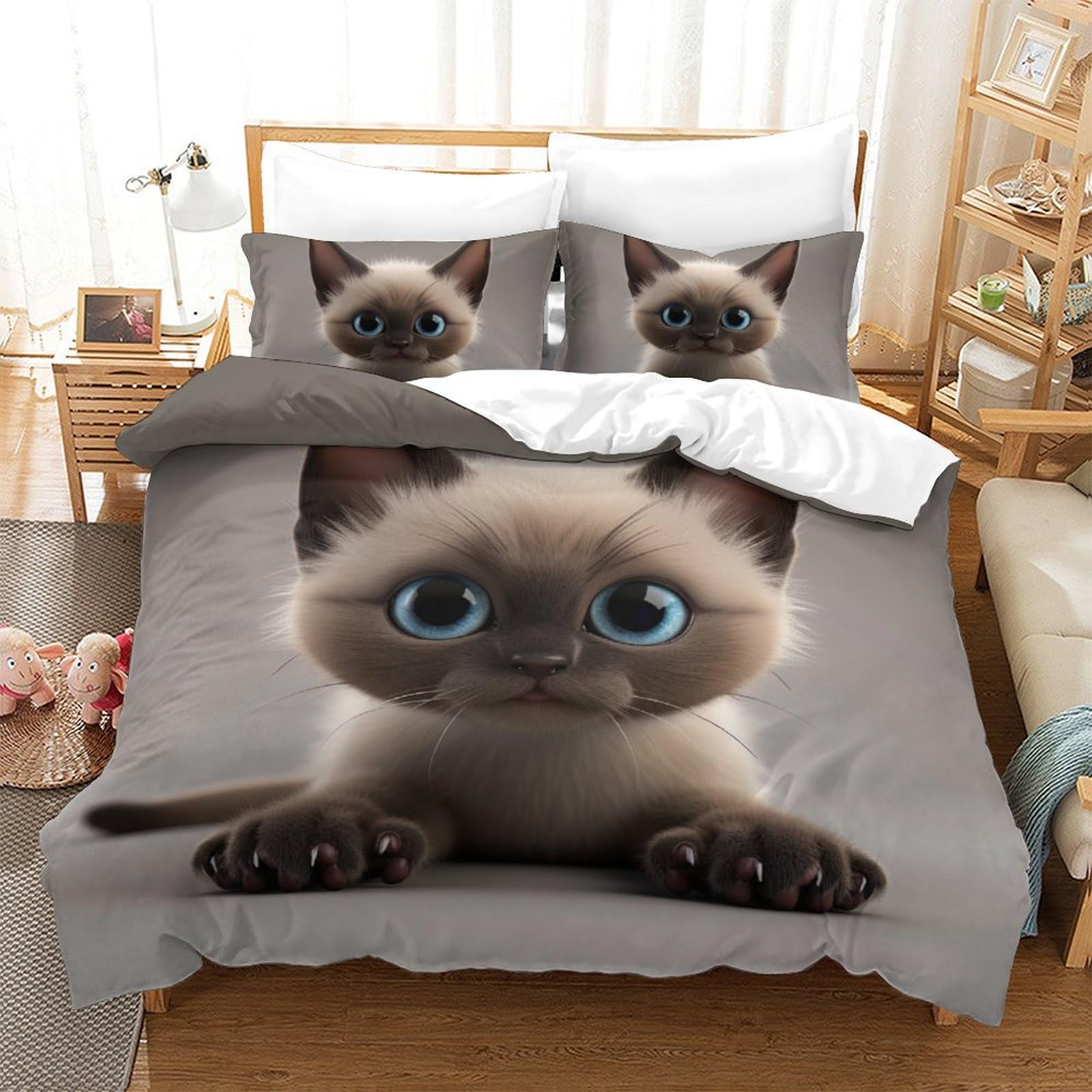 Parure de lit chaton 200x200 cm avec housse douce et taies d'oreiller