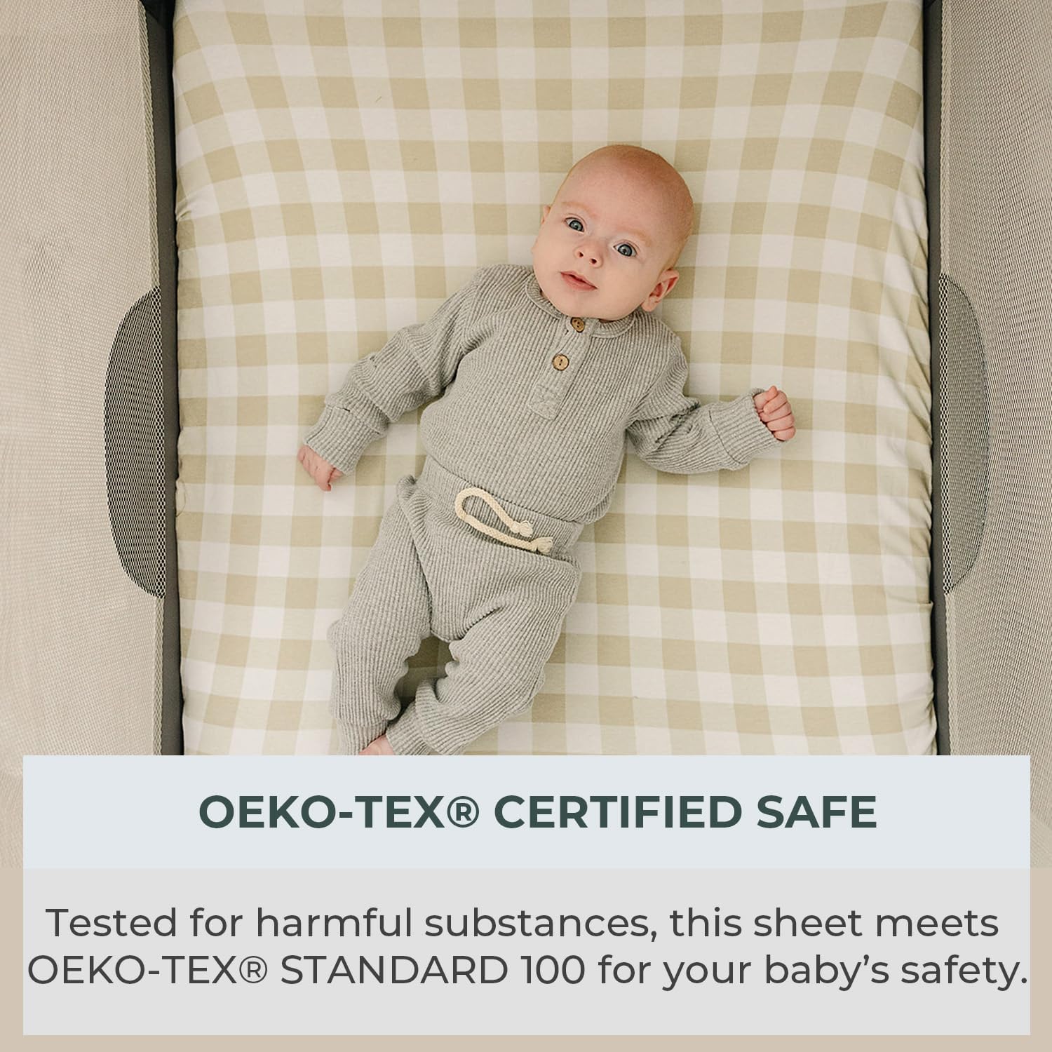 Pobibaby – 2 Pack Pack N Play Sheets and Mini Crib Sheets, Premium Fitted Pack N Play Sheets for Standard Playards and Mini Cribs – Ultra-Soft Jersey Knit, Safe and Snug for Baby (Gingham Khaki)