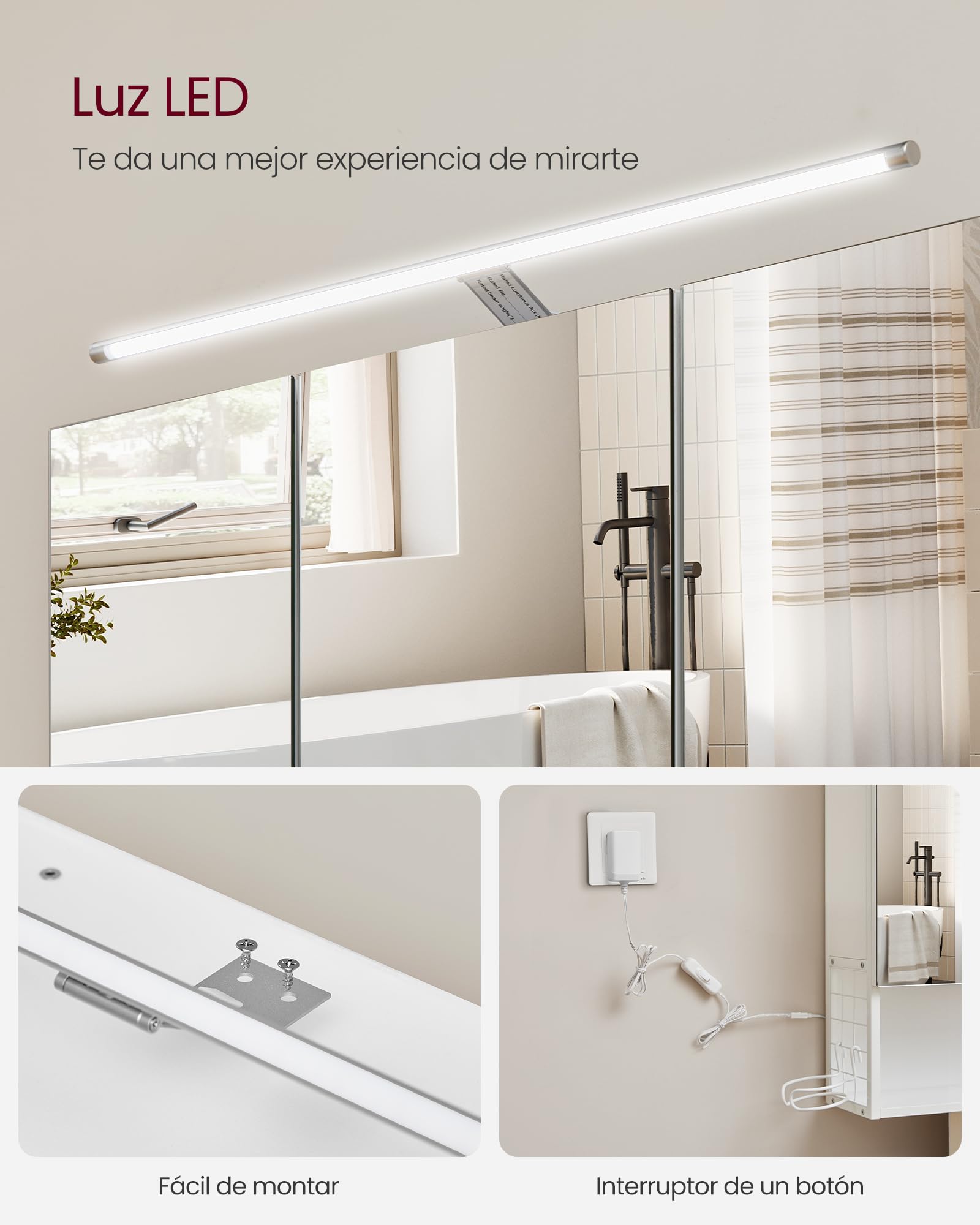 VASAGLE Armario de Baño con Iluminación LED, 14,5 x 70 x 70 cm, Espejo 3 Puertas, Mueble de Pared con Espejo, Enchufe, Cesta, Soporte para Secador, Blanco Nube BBK124W14