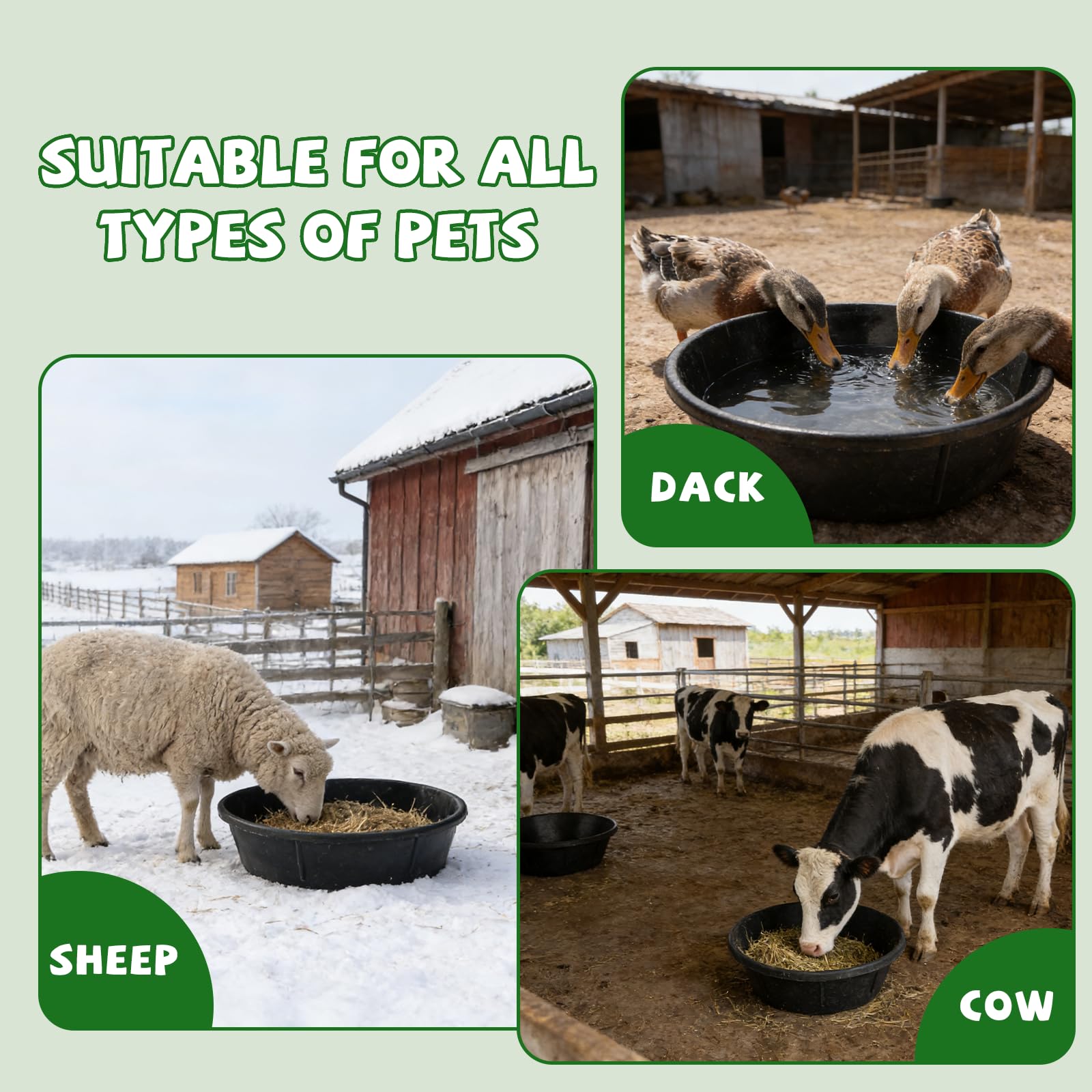 4 sartenes de goma de 3 galones y 2 galones para alimentación de caballos, cubeta de goma, cuenco de goma para pollo, polvo, baño, ganado, cuenco de agua para cerdo, cabra, pollo, perros