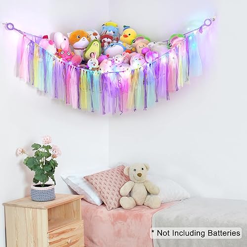 Miniatura 3 de FIOBEE Red de animales de peluche o hamaca con luz LED, hamaca de juguete colgante para animales de peluche, organizador de almacenamiento para