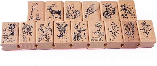 Co-link 15pcs Wood Rubber Stamp DIY Diary Scrapbook Stamp Set Animals and Plants Forest Patterns Wooden Rubber Stamps Set
