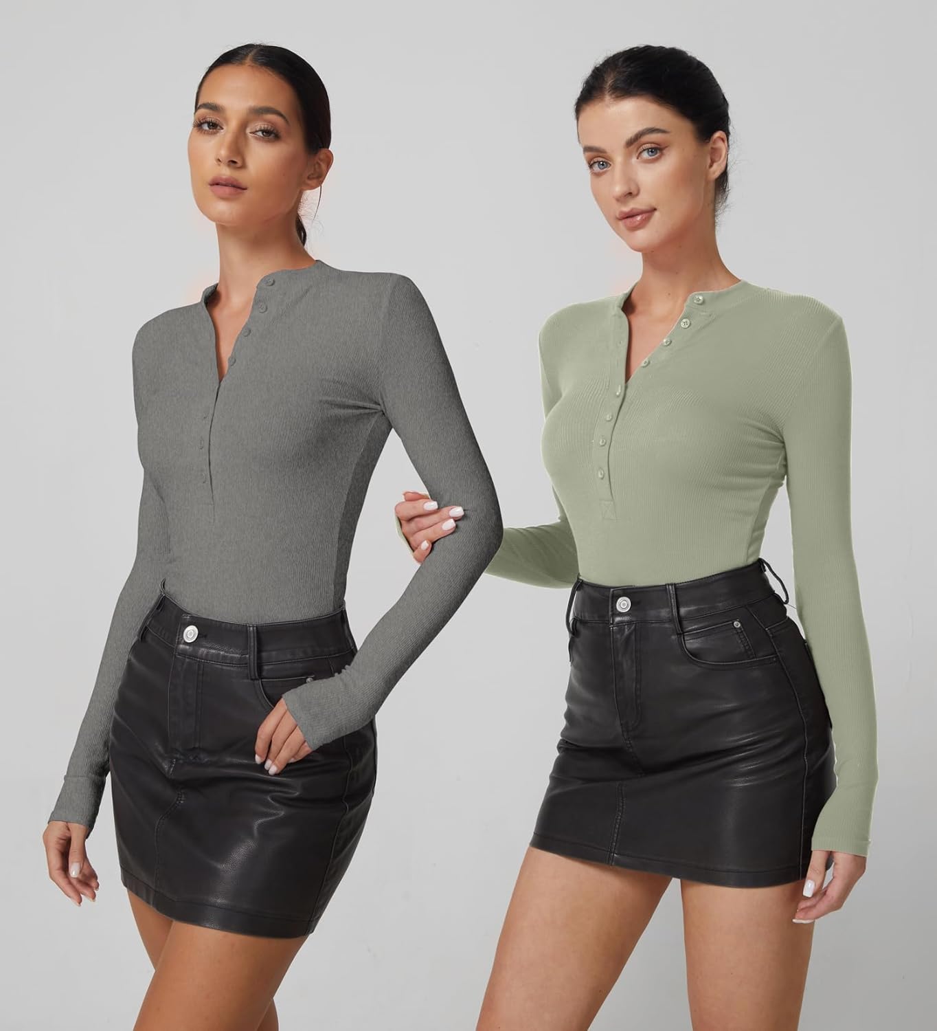 QINSEN Button Down Shirts for Women V Neck Long Sleeve Ribbed Knit Slim Fit Basic Tee Tops - Image 6