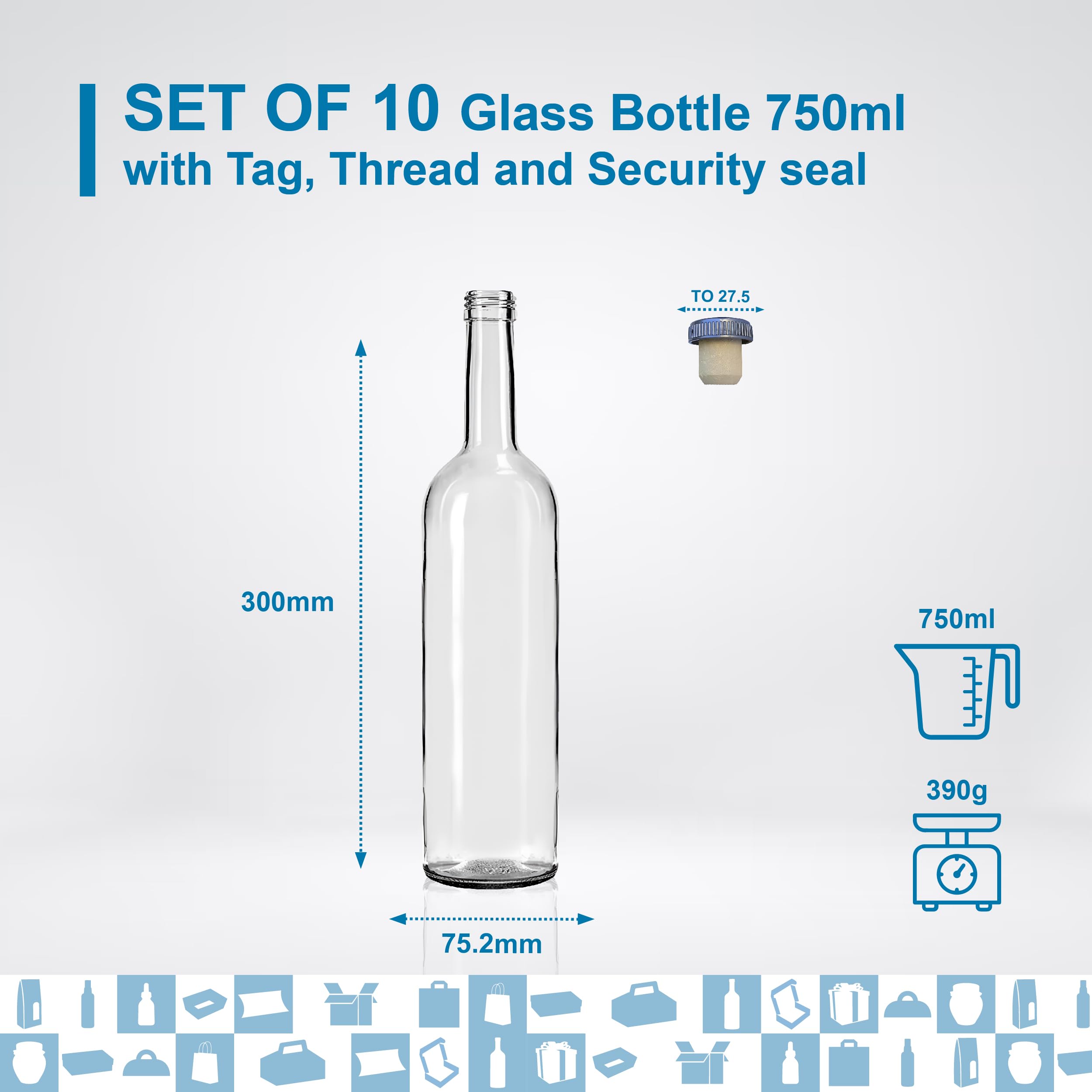 Espirito Rebelde 10 bottiglie di vino in vetro da 750 ml, con tappo incapsulato argentato, 10 sigilli + 10 etichette Kraft + spago - ideali per alcol e altre bevande, souvenir e cocktail