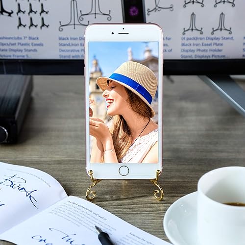 Miniatura 6 de Tatuo Paquete de 4 soportes de placa para exhibición, soporte de placa dorada de 4 pulgadas, soporte de fotos de caballete de hierro para decoración