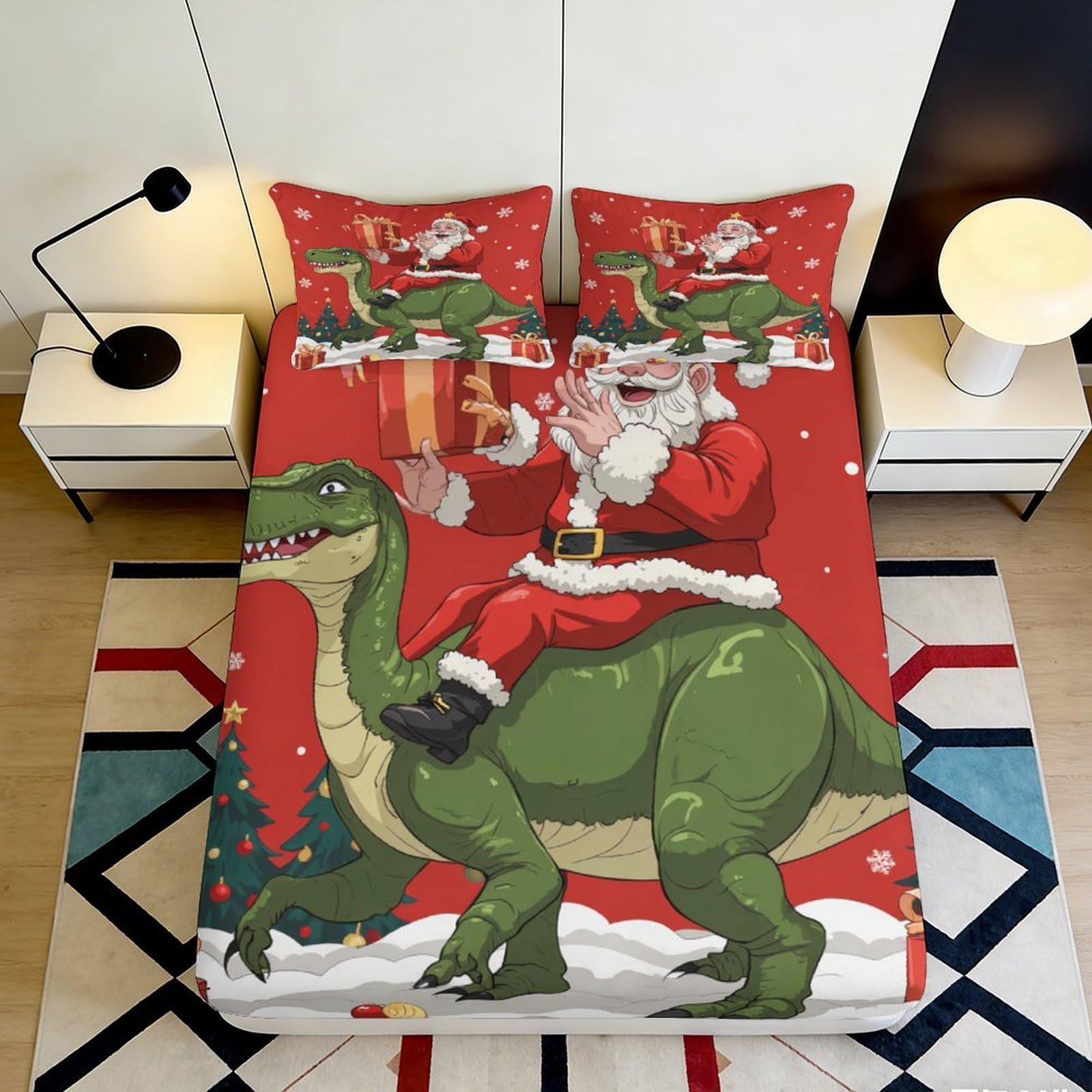 3D Printed Santa Dinosaur Fitted Sheet Microfiber Red Christmas Tree Mattress Cover for Bedroom Guest Room Decor 200x200x25cm