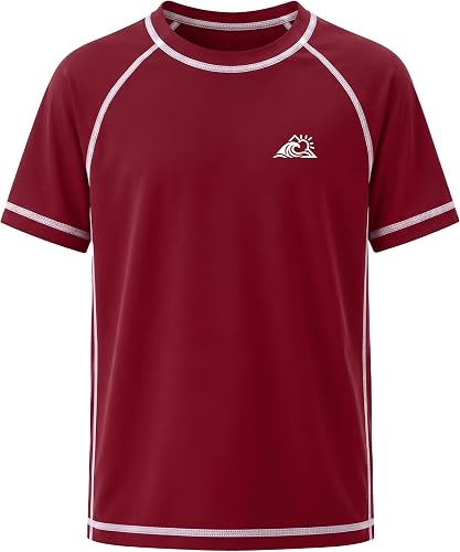 Boys Rash Guard Swim Shirt, Short Sleeve Kids Youth Sun Protection Shirts, UPF 50+ Quick Dry Swimwear for Water Surf Tomato Red