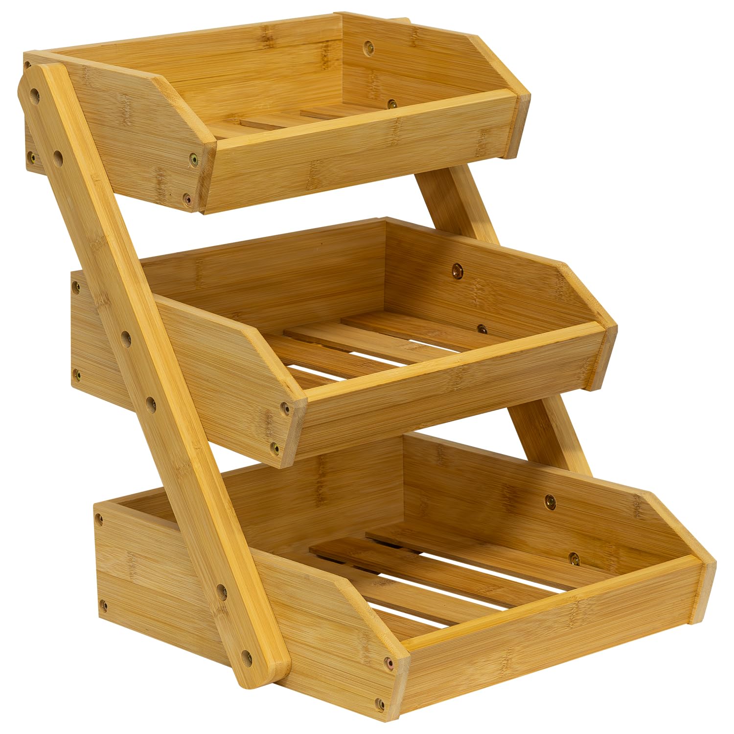 Woodside Brown 3-Tier Bamboo Fruit & Vegetable Rack Holder, Decorative Produce Organiser For Kitchen/Shop Counter/Market Stall, Wooden Bread Storage Stand