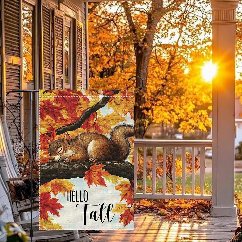 Hello Fall Garden Flag, Maple Tree Squirrel Garden Flags 12x18 Inch Double Sided Small Burlap Autumn Farmhouse Home Lawn Outside Thanksgiving Decoration - Image 9
