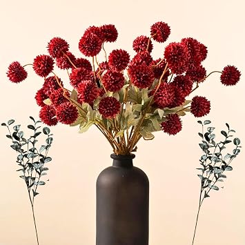 Faux Burgundy Flowers Artificial 10 Long Stems + Eucalyptus, Winter Decor