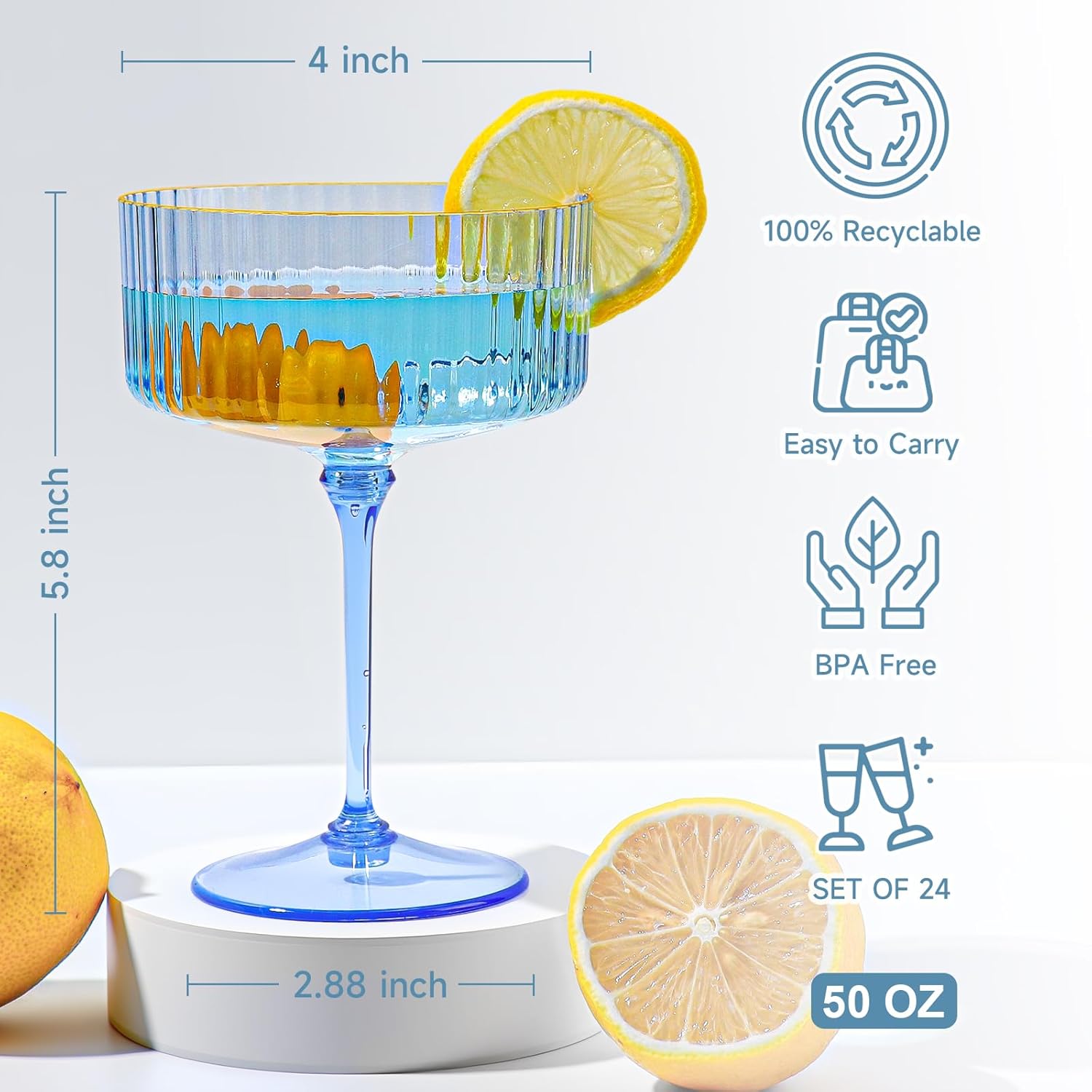 xuwaidsgn 50 pcs champagne martini glasses 9 oz with gilded removable gold rim coupe glasses pink martini glasses plastic mimosa vintage coupe glasses set for wedding anniversary (50, clear blue) clear blue 50
