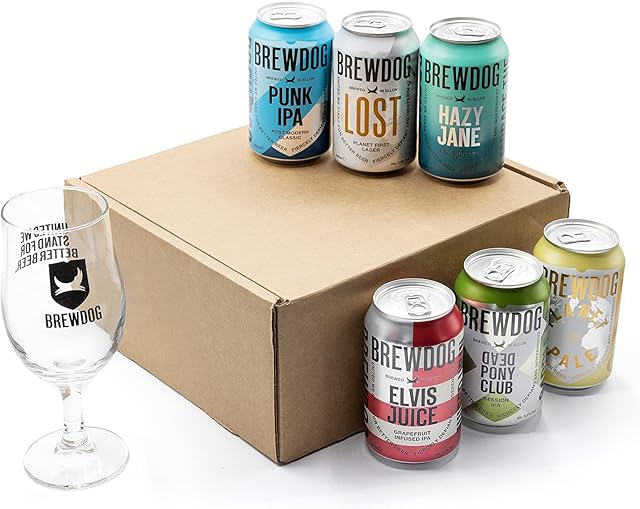 BrewDog Craft Beer Gift Set - Vegan Mixed Pack - 6 x 330ml Premium Beer Cans and 1 Schooner Beer Glass