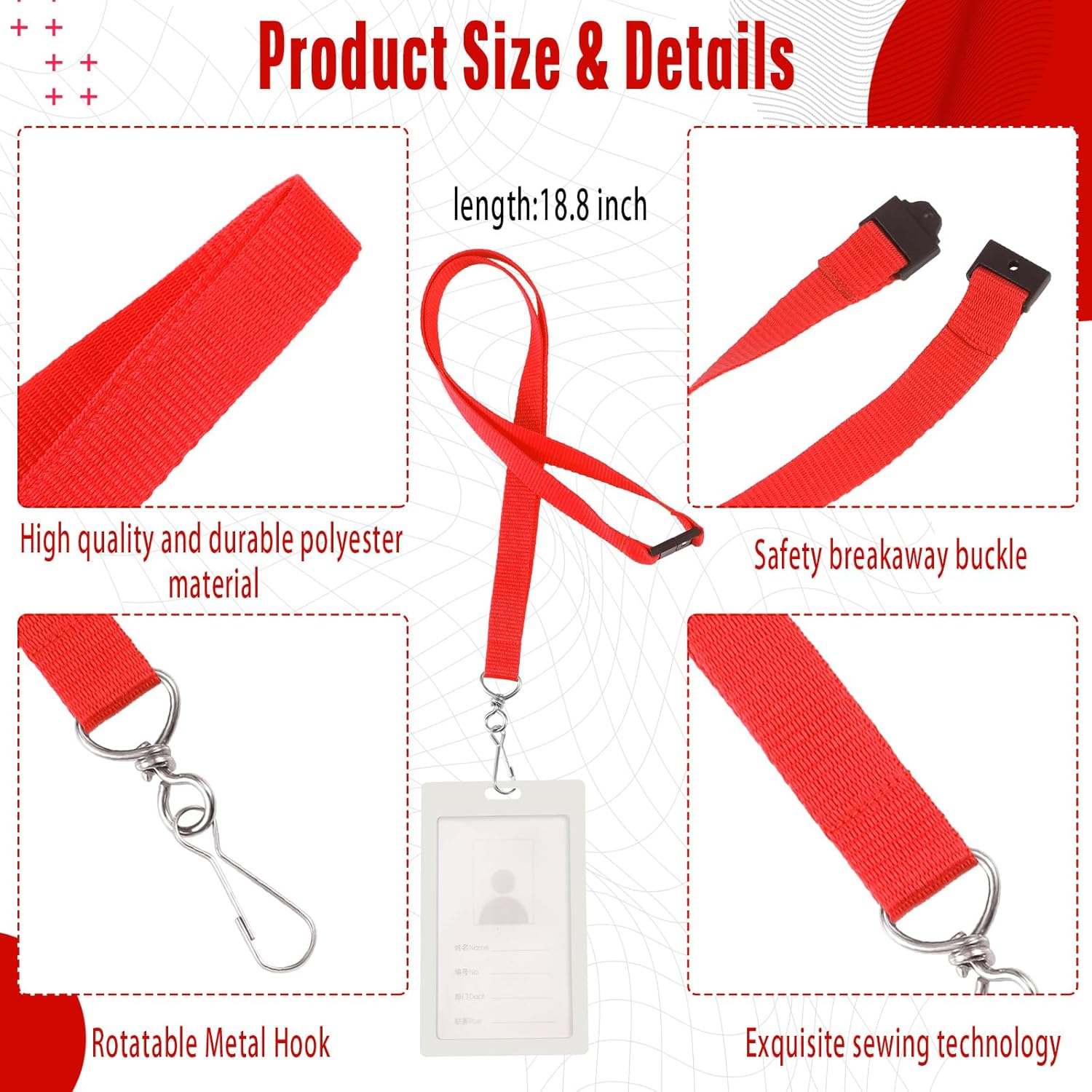 Patelai 60 Pcs Breakaway Lanyards with J Hook Bulk Flat for ID Badges Neck Badge Lanyards Card Nametag Holder Neck Straps (Red) - Image 2