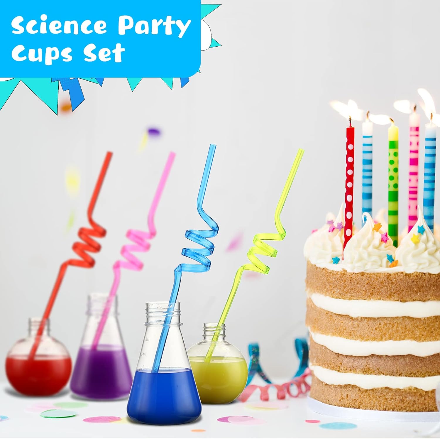 32 Pieces Science Party Theme Cups Set with Silly Loop Straws, Plastic Reusable Conical Flask Round Bottom Flask Shape Bottles and Funny Colorful Drinking Straws for Science Party Decorations