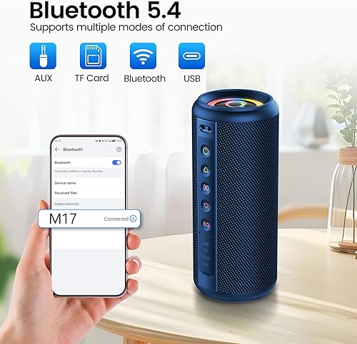 Miniatura 6 de Altavoz Bluetooth portátil, altavoz inalámbrico Bluetooth 5.4 2026 con sonido estéreo HD de 20 W, tiempo de reproducción de 20 horas, luces LED,