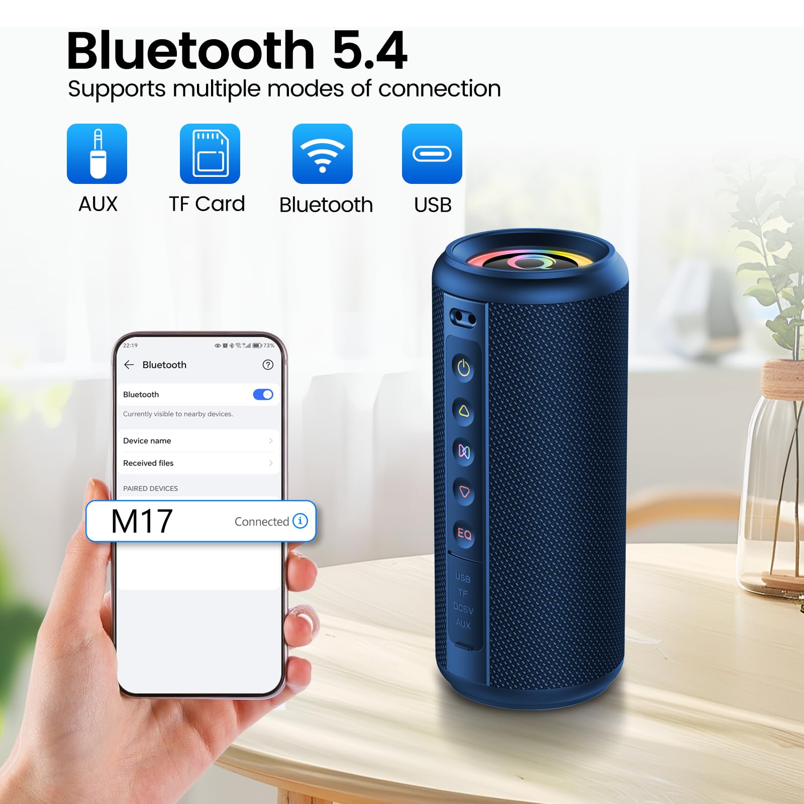 Cassa Bluetooth Portatile Potente 20W, Altoparlante bluetooth 5.4 con 3 modalità EQ, 15 Ore di Autonomia, Luci RGB, IPX5 Impermeabile Speaker Supporto TWS, Micro-Con, AUX/TF Card per Esterno Festa Blu
