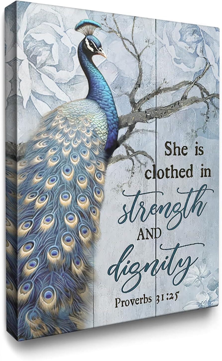 Luslya Peacock Canvas Wall Art Peacock Picture Wall Decor Framed Bible Verse Inspirational Quotes Posters Home for Living Room Bedroom Bathroom Decoration 12x16 inch