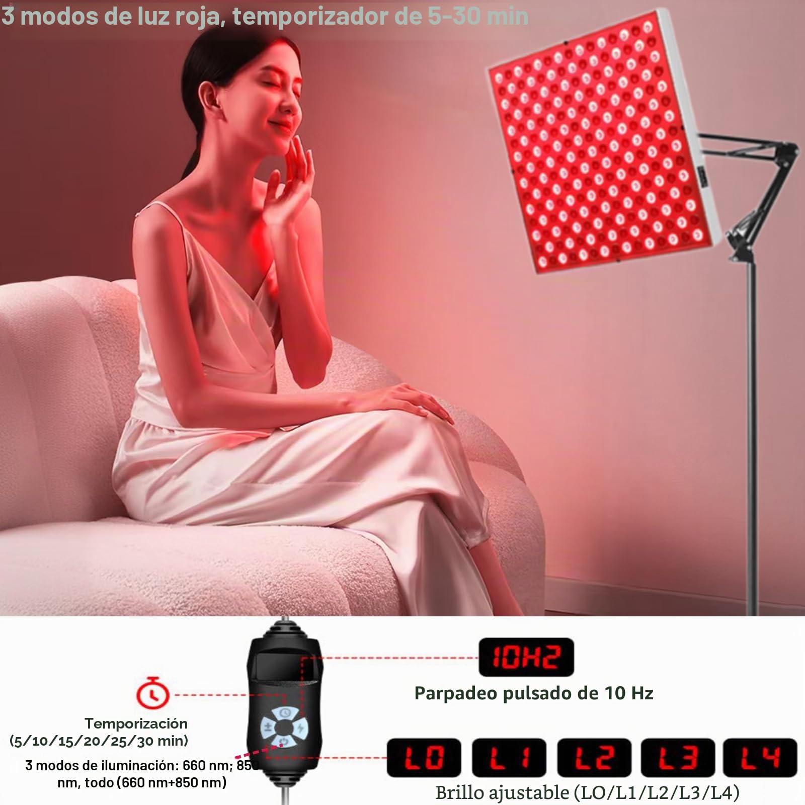 Lámpara de terapia de luz roja con 225 LED, panel calefactor de infrarrojo cercano de 660 nm y 850 nm para rostro, espalda, hombros,brazos,cuerpo,cintura,piernas,alivio del dolor,con soporte,5 niveles