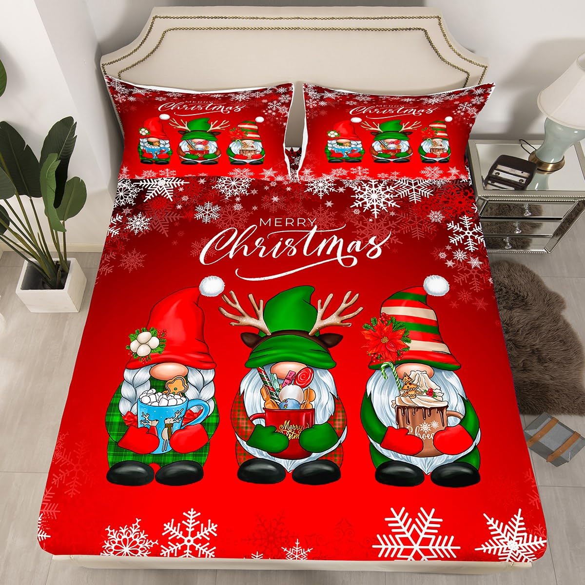 Xmas Gnomes Fitted Sheet King Size, White Snowflake Bed Cover with 2 Pillowcases, Christmas Theme Red Bedding Set 3pcs for Kids Girls Adults Room Decor, Soft Polyester Bedding — image 1