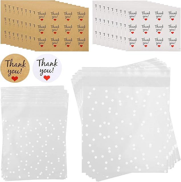 200PCS Self Adhesive Cookie Bags Cellophane Treat Bags, White Polka Dot OPP Clear Plastic Bags with 216PCS White & Kraft Paper DIY Stickers, Small Cello Bags for Sweets Biscuits Cookies Jewelry