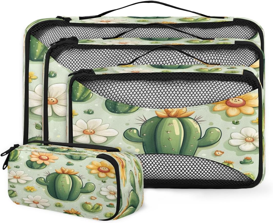 Cactus Flower Pattern 4 Set Packing Cubes Packing Cubes for Women Lightweight Travel Essential Bag Clothes Carry on Suitcase Bags for Accessories Essentials