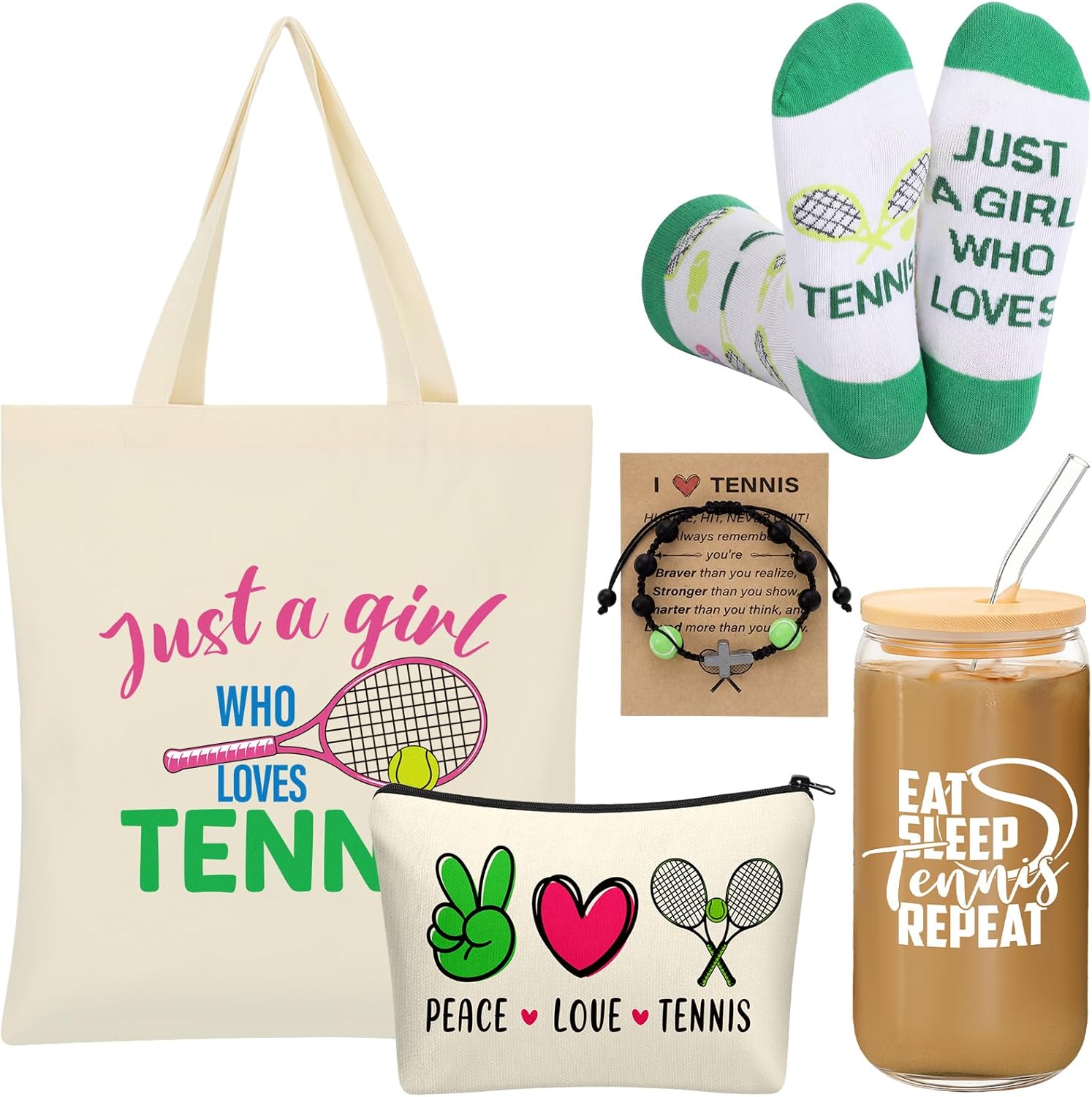 Chunful 6 Pcs Lacrosse Gifts Set for Teen Girls & Women Team Essentials Accessories Include 16 oz Glass Jar Tumbler, Canvas Tote, Makeup Bag, Novelty Socks & Bracelets for Lacrosse Lover Coach