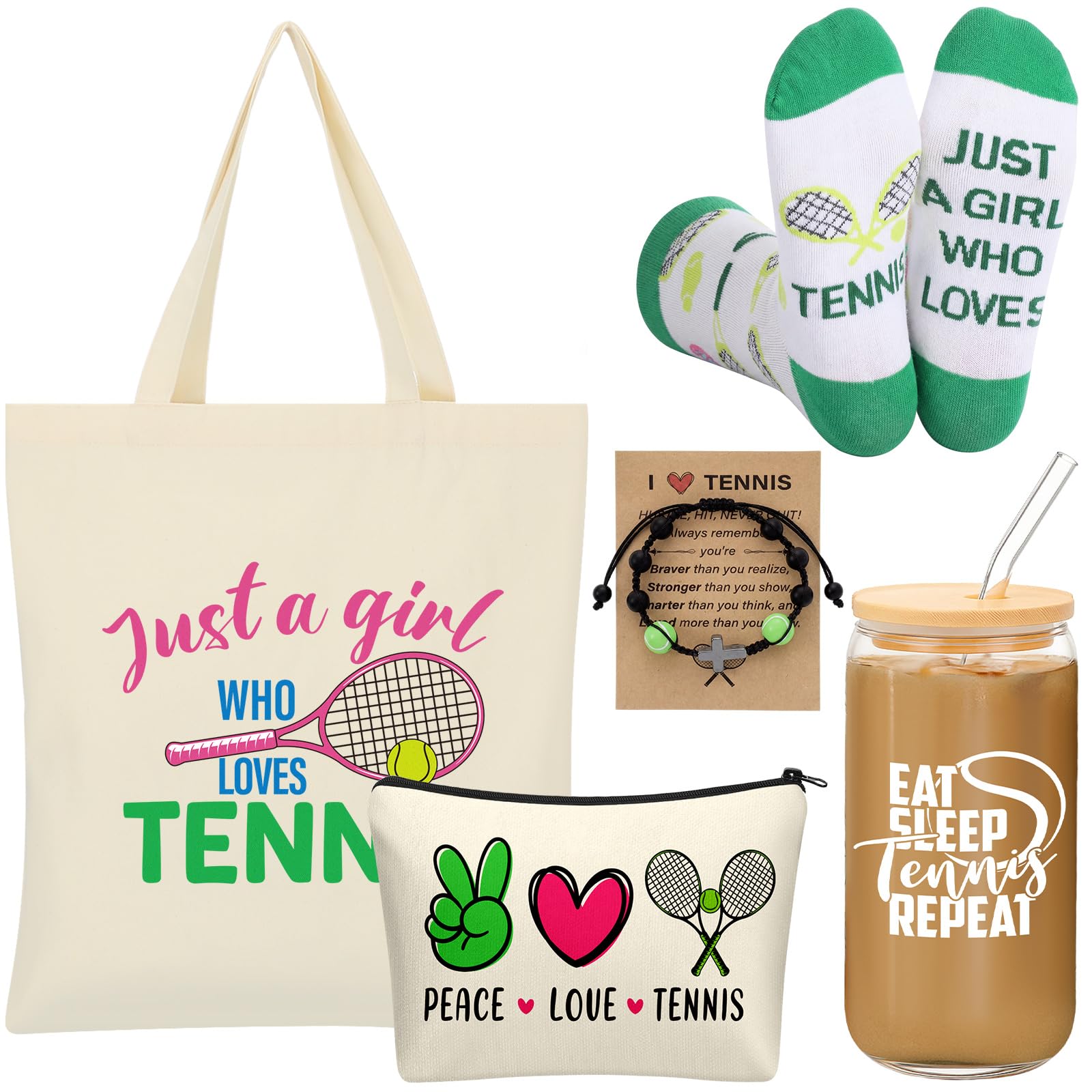 Chunful 6 Pcs Tennis Gifts Set for Teen Girls & Women Team Essentials Accessories Include 16 oz Glass Jar Tumbler Canvas Tote Bag Makeup Bags Novelty Socks Bracelets for Lover Coach
