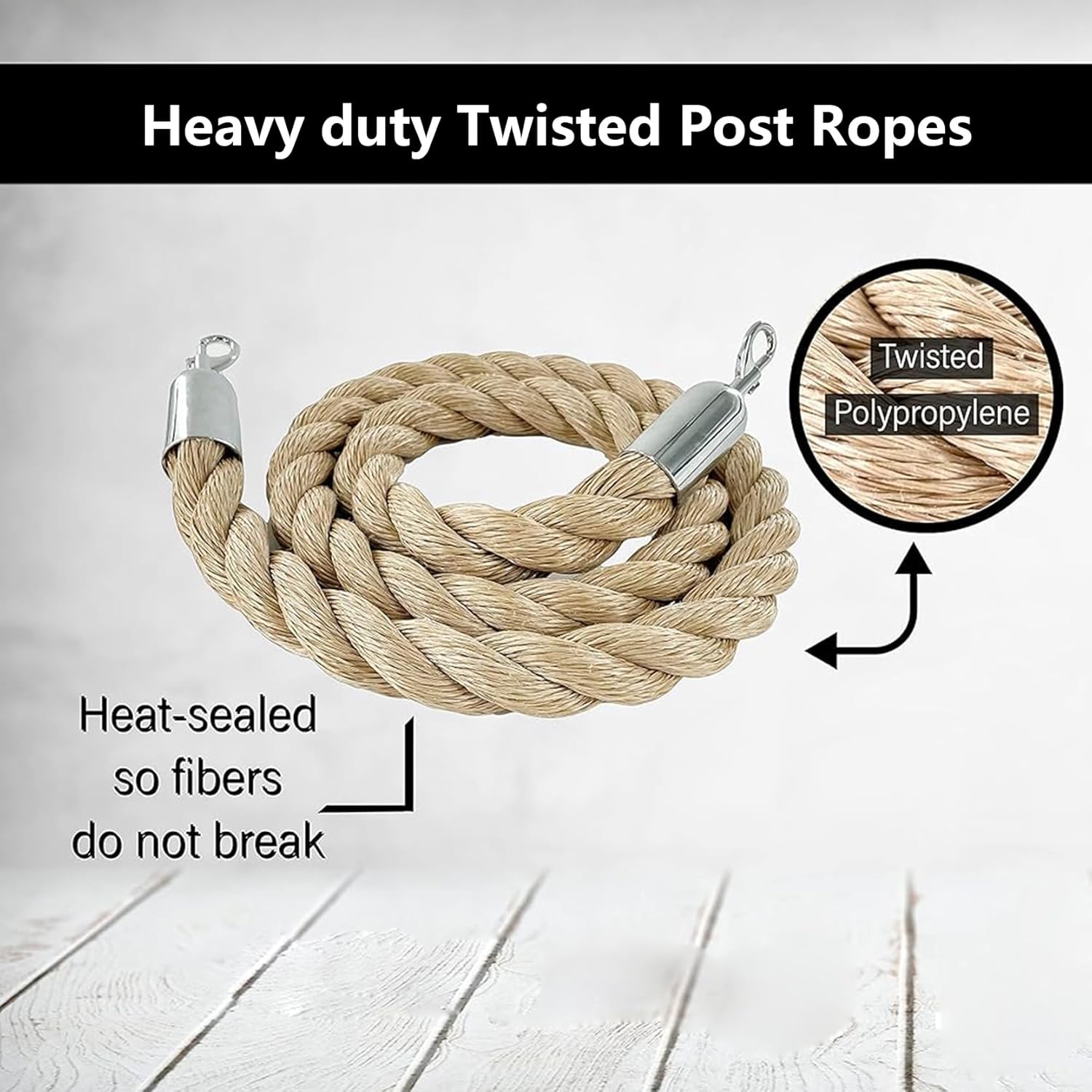 Heavy-Duty 2ft Twisted Rope with Silver Steel Snaps - Stanchion Queue Barrier for Movie Theaters, Grand Openings, Hotels, Events, and Crowd Control
