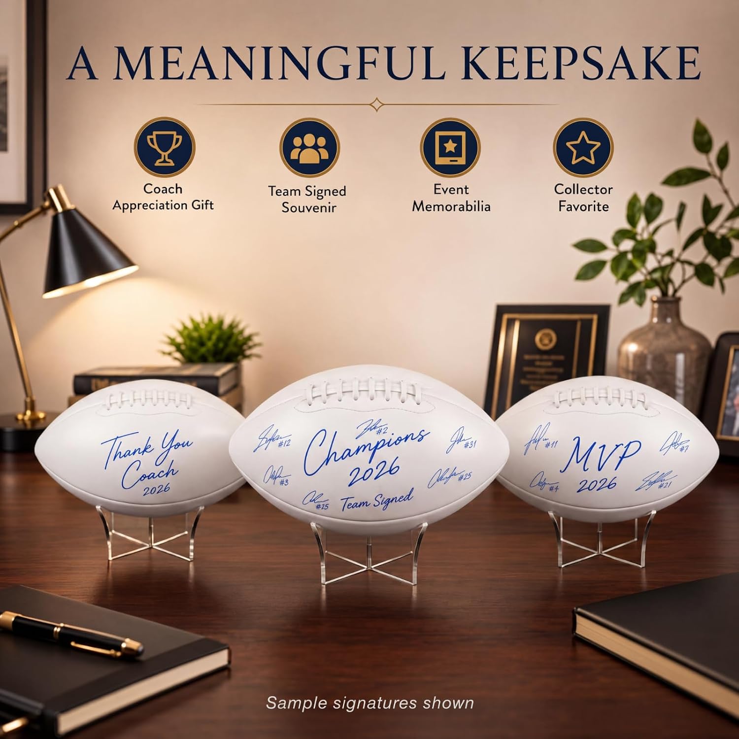 Hiboom Autograph Football with Acrylic Display Stand Air Pump Blank Gold Football for Trophy Anniversary High School College Coaching Gift Award Championship Party