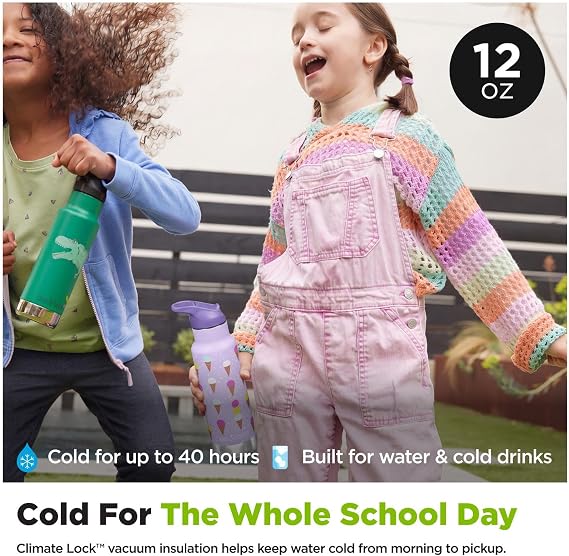 Klean Kanteen 12 oz Classic Kid's Insulated Water Bottle with Flip Seal Sport Cap - 100% Leakproof Cap - BPA-Free - Stainless Steel Material - Ice Cream