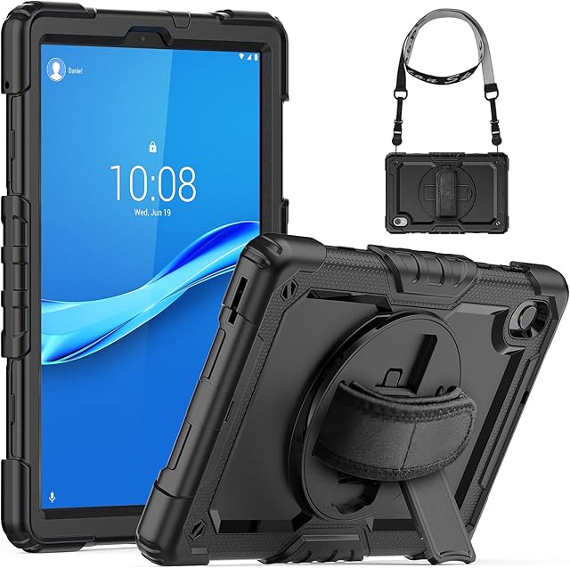 SEYMCY for Lenovo Tab M10 Plus Case 10.3 inch, Tab K10 Drop Proof 10.3 FHD Case with Screen Protector 360° Rotating Hand Strap Stand, Shockproof K10/M10 Plus Tablet Hard Case 2022/2020 - Black