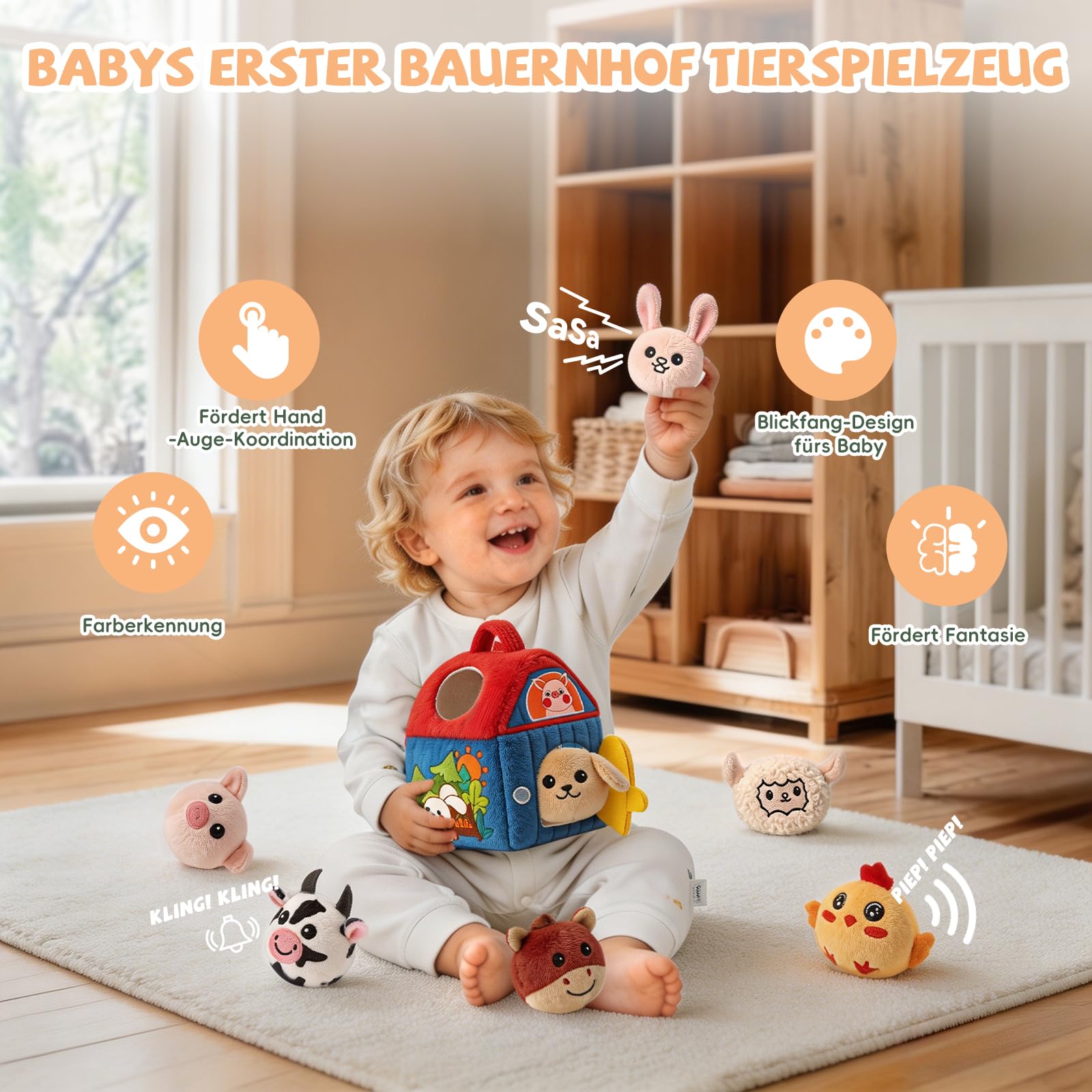 SAIMAND Baby Spielzeug 6-12 Monate – Überraschungs-Scheune mit Plüsch-Bauernhoftieren, Rassel & Spiegel, Montessori Sensorik Lernspielzeug für Kinder 1 2 3 Jahre, Geschenk zu Weihnachten & Geburtstag