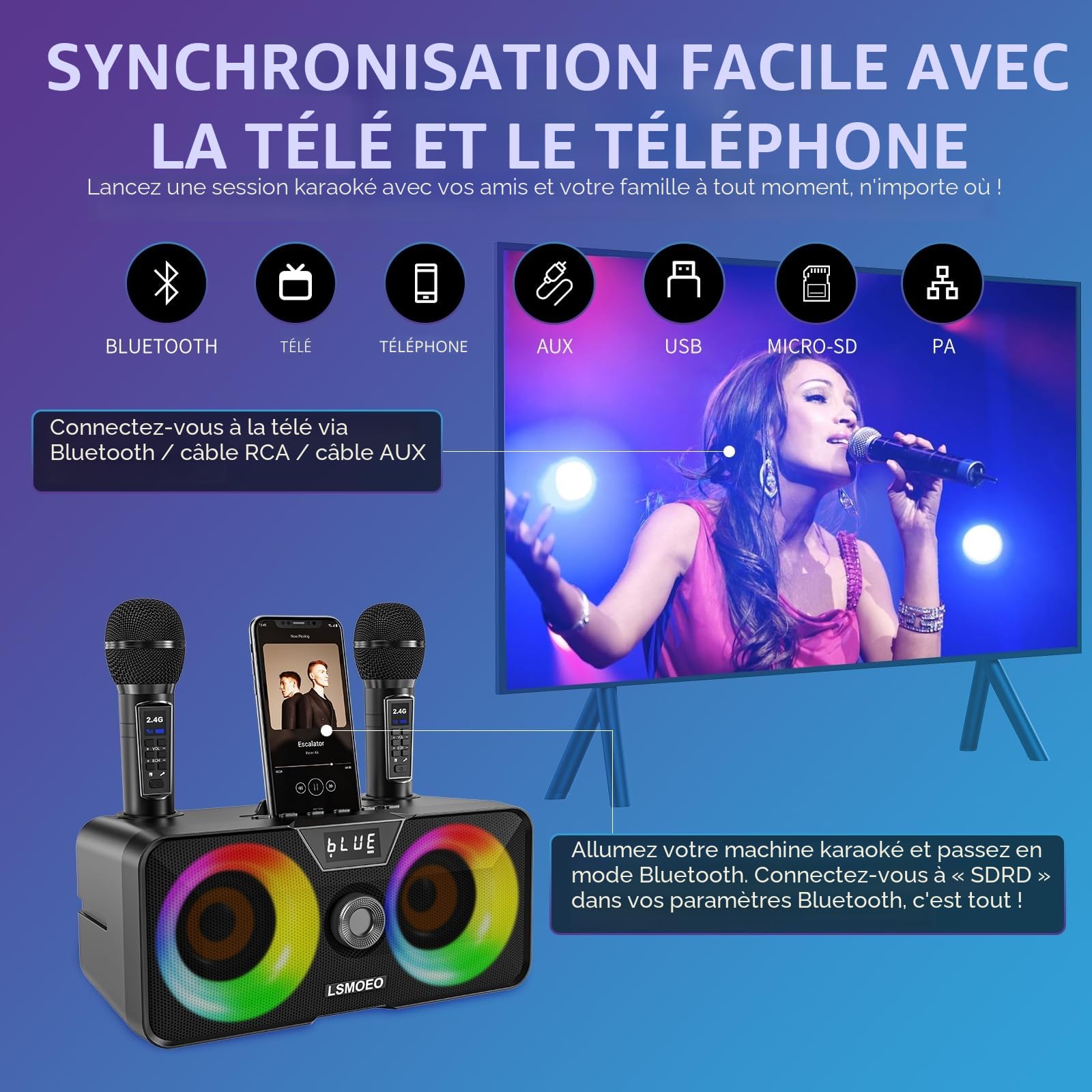 Système de Karaoké Portable,Tout-en-Un Karaoké Complet avec 20W Enceinte Bluetooth,2 Microphones Karaoké sans Fil et Fente pour Microphone Rechargeable,Enceinte Sono Complet pour Fête, Domicile