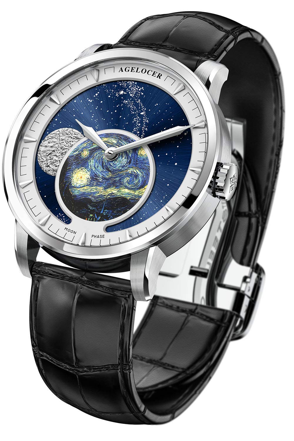 agelocer Reloj mecánico automático de fase lunar para hombre, esfera esculpida de metal 3D de 40 mm, reserva de marcha de 80 horas, cristal de zafiro, acero 316L y correa de piel de cocodrilo