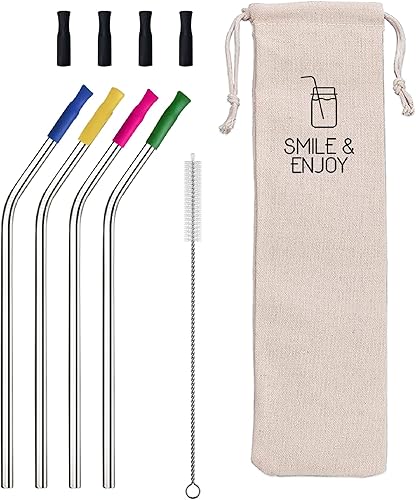 Paquete de 4 popotes reutilizables de acero inoxidable con puntas de silicona de colores y negras, cepillo limpiador de pajitas y bolsa de