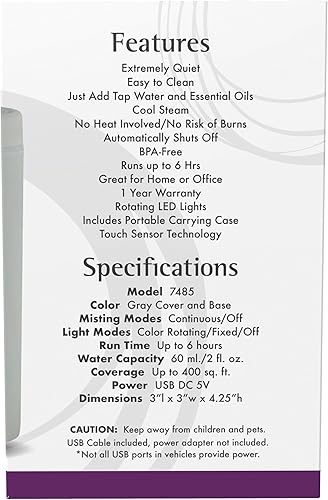 Miniatura 2 de NOW Foods Aceites esenciales, difusor de aceite ultrasónico portátil USB para aromaterapia, extremadamente silencioso y sin calor, difusor apto para