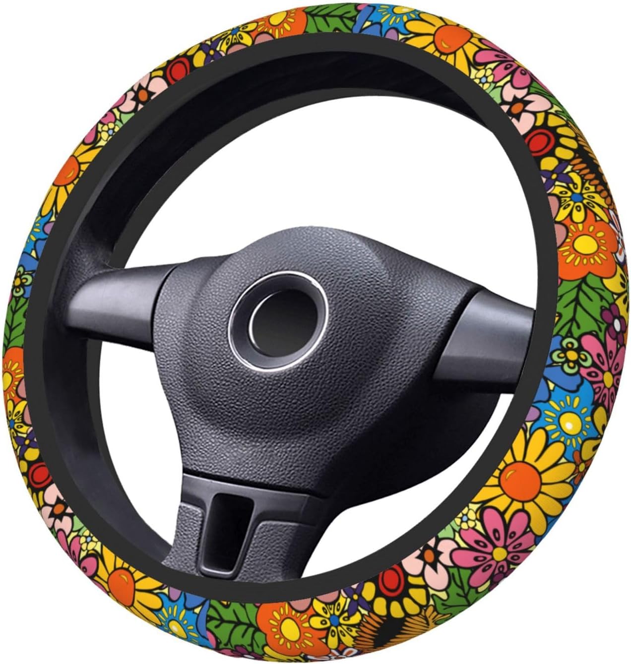 Hippie Flower Neoprene Steering Wheel Cover for Men Women Anti-Slip Elastic Steering Wheel Protective Cover 15in Universal Car Accessories Fit Cars, SUVs, Auto - Image 4