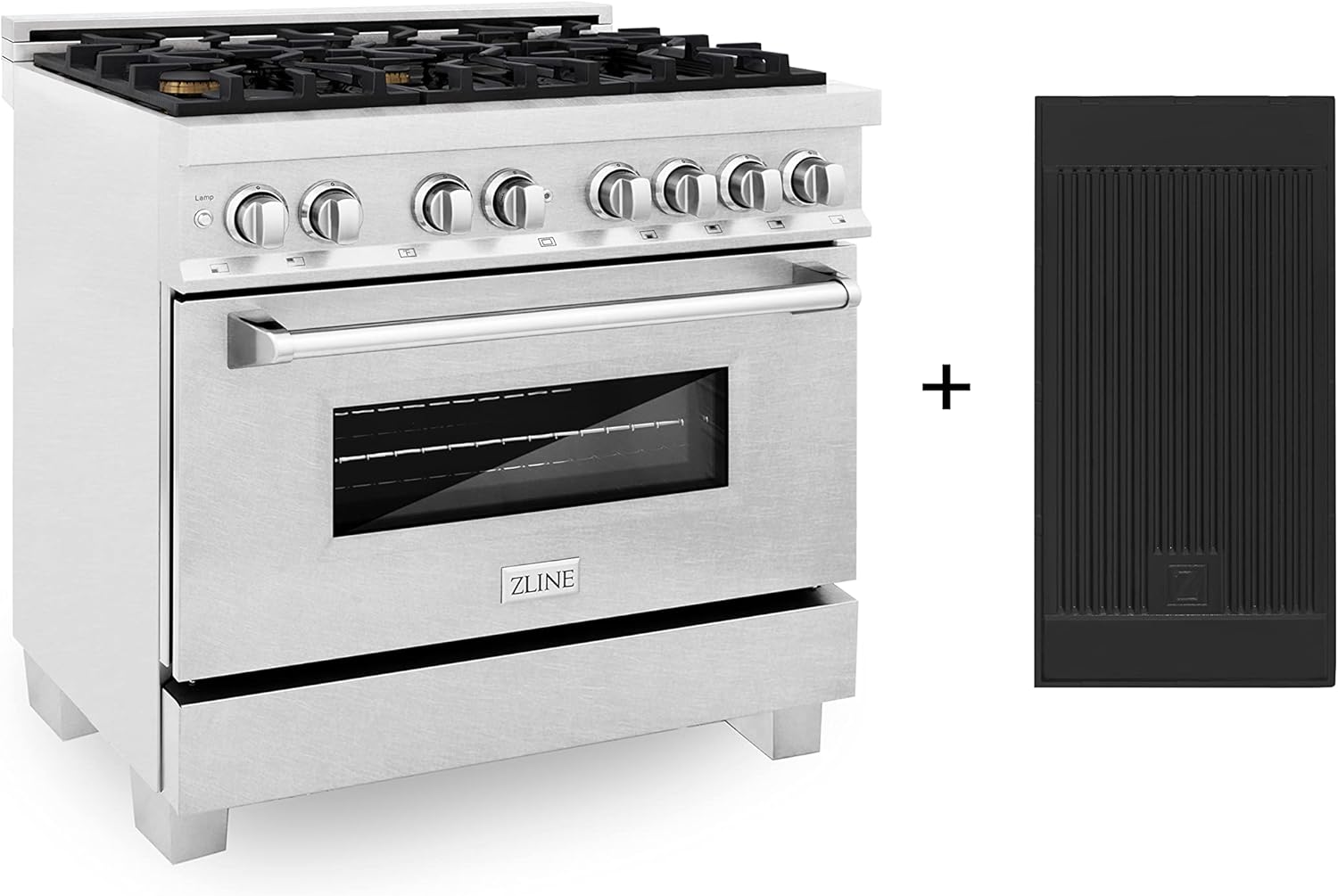 ZLINE 36 in. 4.6 cu. ft. Legacy Dual Fuel Range with Gas Cooktop and Electric Convection Oven in Satin Stainless Steel with 6 Brass Burners and Griddle (RAS-SN-BR-GR-36)