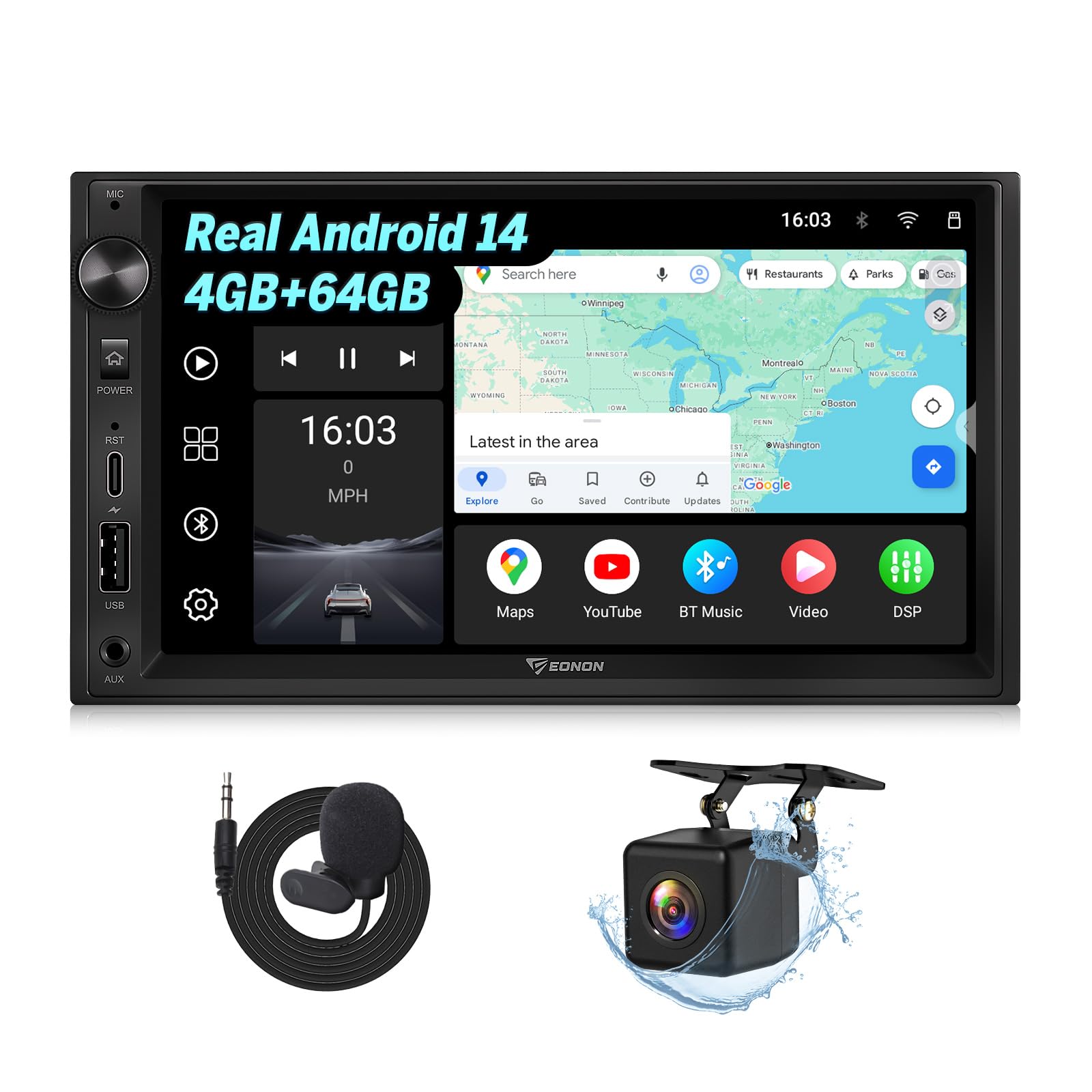 Eonon Autoradio Android 14 da 7 pollici, doppio DIN, sistema di navigazione GPS da 4+64GB, CarPlay, Android Auto, mirroring dello schermo Bluetooth touchscreen WiFi DSP USB telecamera posteriore UX7A