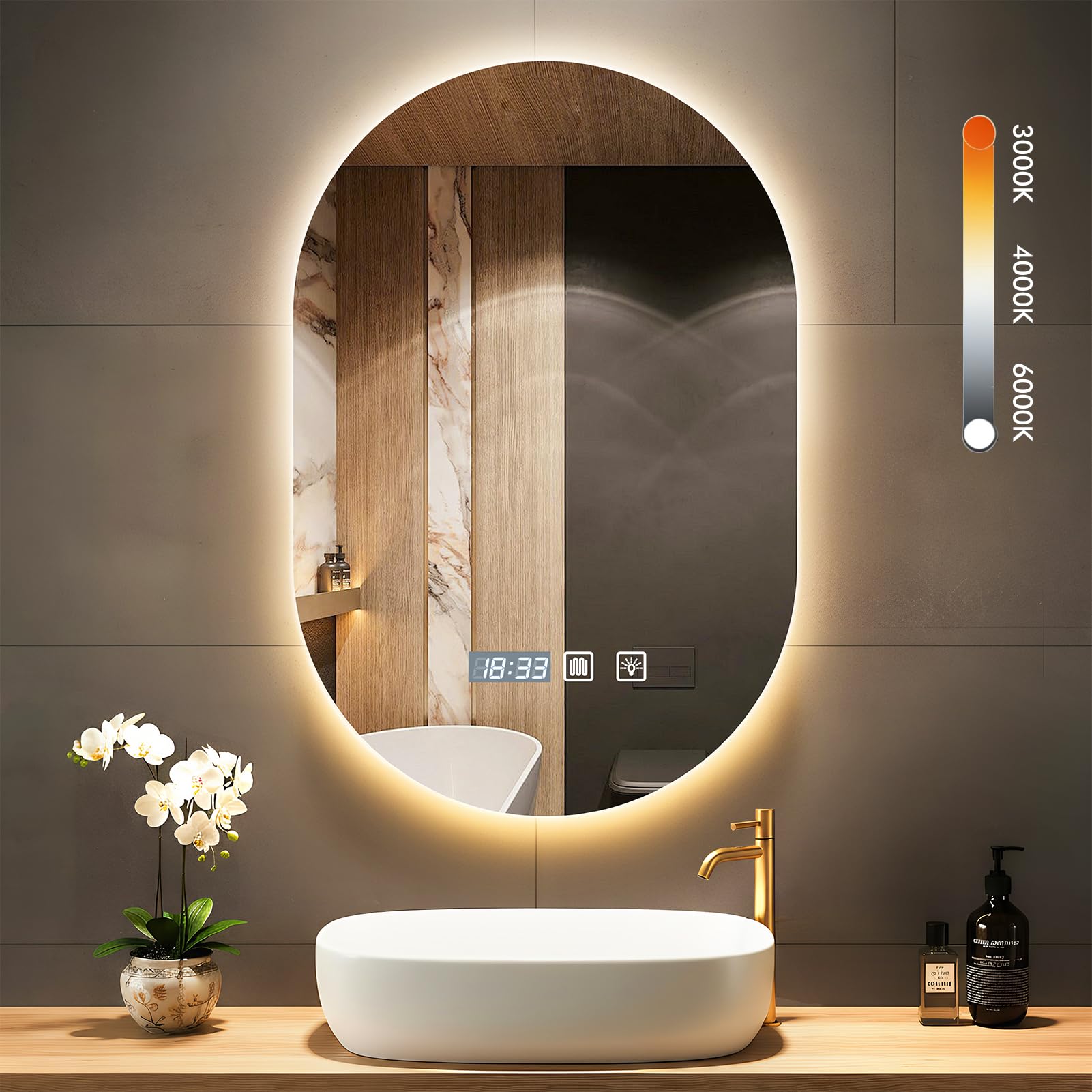 Worshow Bathroom Mirror with LED Lights, 75×50cm LED Illuminated Mirror with Anti-Fog, 3 Color Dimmable Wall Mounted Vanity Mirrors - Touch Control,Memory,HD Tempered Glass,IP44 Make Up Backlit Mirror