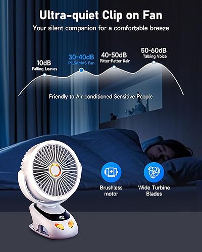 Vista 6 de Ventilador de clip recargable con luz LED, batería de 10000 mAh y pantalla digital, 40 horas, ventilador de escritorio silencioso de 5 velocidades